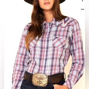 ARIAT Plaid Button Down Shirt Long Sleeves Embroidered Western SZ S  EUC